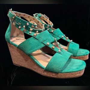 Emerald Green Wedges with Studs and Pearl Accents